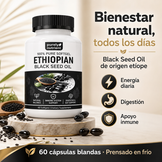 Aceite de semilla negra etíope LumoShop, bienestar, botella con gotero y etiqueta, en fondo neutro y bien iluminado.