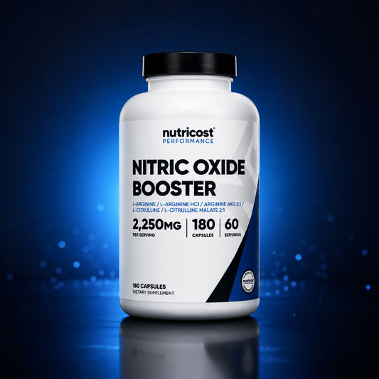 Suplemento de bienestar NITRIC OXIDE de Nutricost, en envase con cápsulas, para mejorar la salud y la circulación.