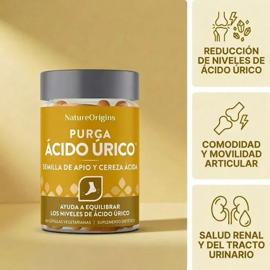 Suplemento de bienestar Uric Acid Purge de LumoShop, botella con cápsulas para apoyar la salud del sistema urinario.